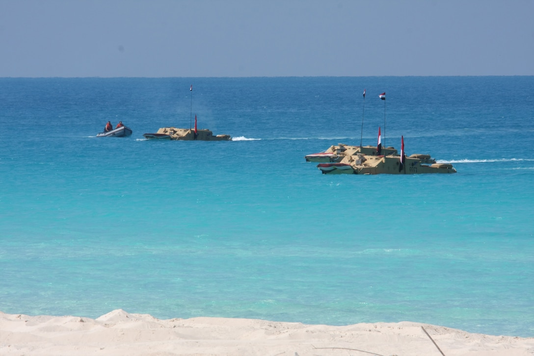 Egyptian amphibious vehicles motor to shore during an amphibious assault demonstration conducted as part of Bright Star 2009 in Egypt Oct. 12, 2009. The multinational exercise is designed to improve readiness, interoperability, strengthen the military and professional relationships among U.S., Egyptian and participating forces. Bright Star is conducted by U.S. Central Command and held every two years. ::r::::n::(Official Marine Corps photo by Staff Sgt. Matt Epright)::r::::n::