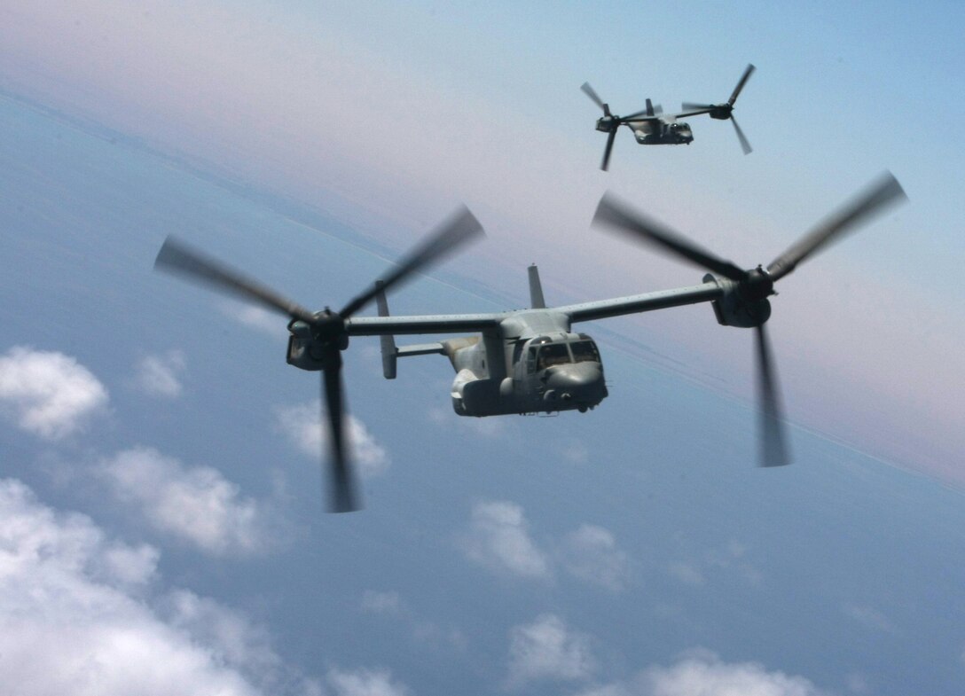 MV-22B Ospreys with Marine Medium Tiltrotor Squadron 263 (Reinforced), 22nd Marine Expeditionary Unit, fly over the Egyptian coastline during Exercise Bright Star 2009 in Egypt, Oct. 12, 2009. The multinational exercise is designed to improve readiness, interoperability, and strengthen the military and professional relationships among U.S., Egyptian and participating forces. Bright Star is conducted by U.S. Central Command and held every two years. Elements of the 22nd MEU are currently are participating in the multi-national exercise while serving as the theater reserve force for U.S. Central Command.::r::::n::(Official Marine Corps Photo by Cpl. Justin M. Martinez)::r::::n::