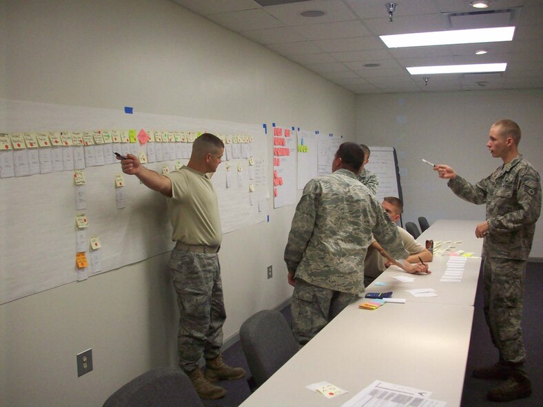 Technical Sgt. Chad Nolen, 55th Fighter Squadron assistant flight chief, validates the current state engine change process map with team members in the most recent Air Force Smart Operations for the 21st Century rapid improvement event here. (Courtesy photo)

