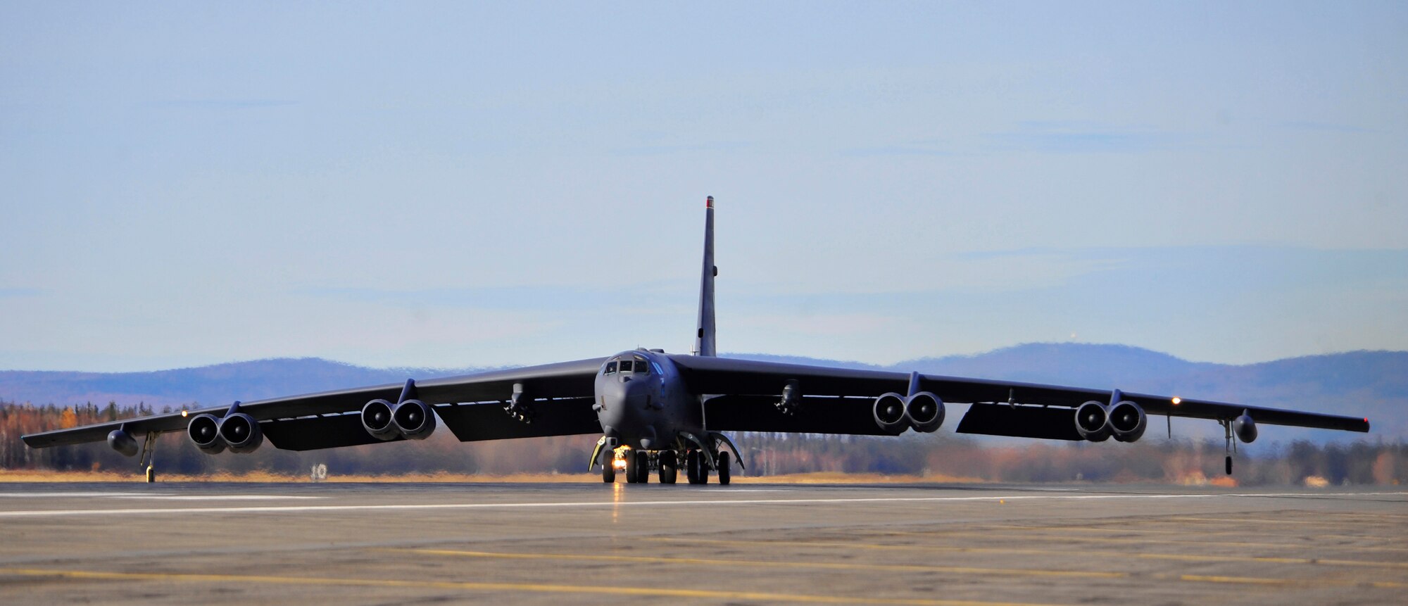 A B-52H Stratofortress taxis down the runway prior to take off during RED FLAG-Alaska 10-1, Oct. 9, 2009, Eielson Air Force Base, Alaska. RF-A provides participants 67,000 square miles of airspace, more than 30 threat simulators, one conventional bombing range and two tactical bombing ranges containing more than 400 different types of targets. The B-52H is assigned to Minot AFB, North Dakota. (U.S. Air Force photo/Staff Sgt. Christopher Boitz)