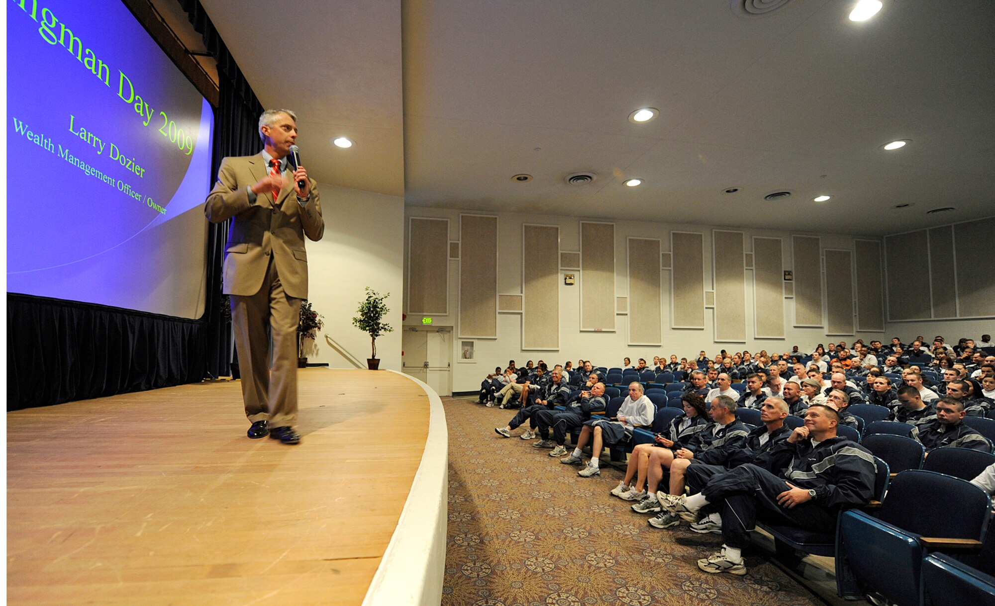 Larry Dozier, guest speaker and wealth management officer, speaks to 21st Space Wing Airmen during the 21st SW’s Wingman Day at the base auditorium Oct 7. Mr. Dozier’s presentation covered retirement planning, investment management and financial management. Along with Mr. Dozier’s presentation, Airmen attended a variety of events including briefings on alcohol and suicide awareness briefings and a Warfit session. Following the warfit session, Airmen were released to attend various team building or ‘break-out” sessions. (Air For photo by Rob Bussard)     


