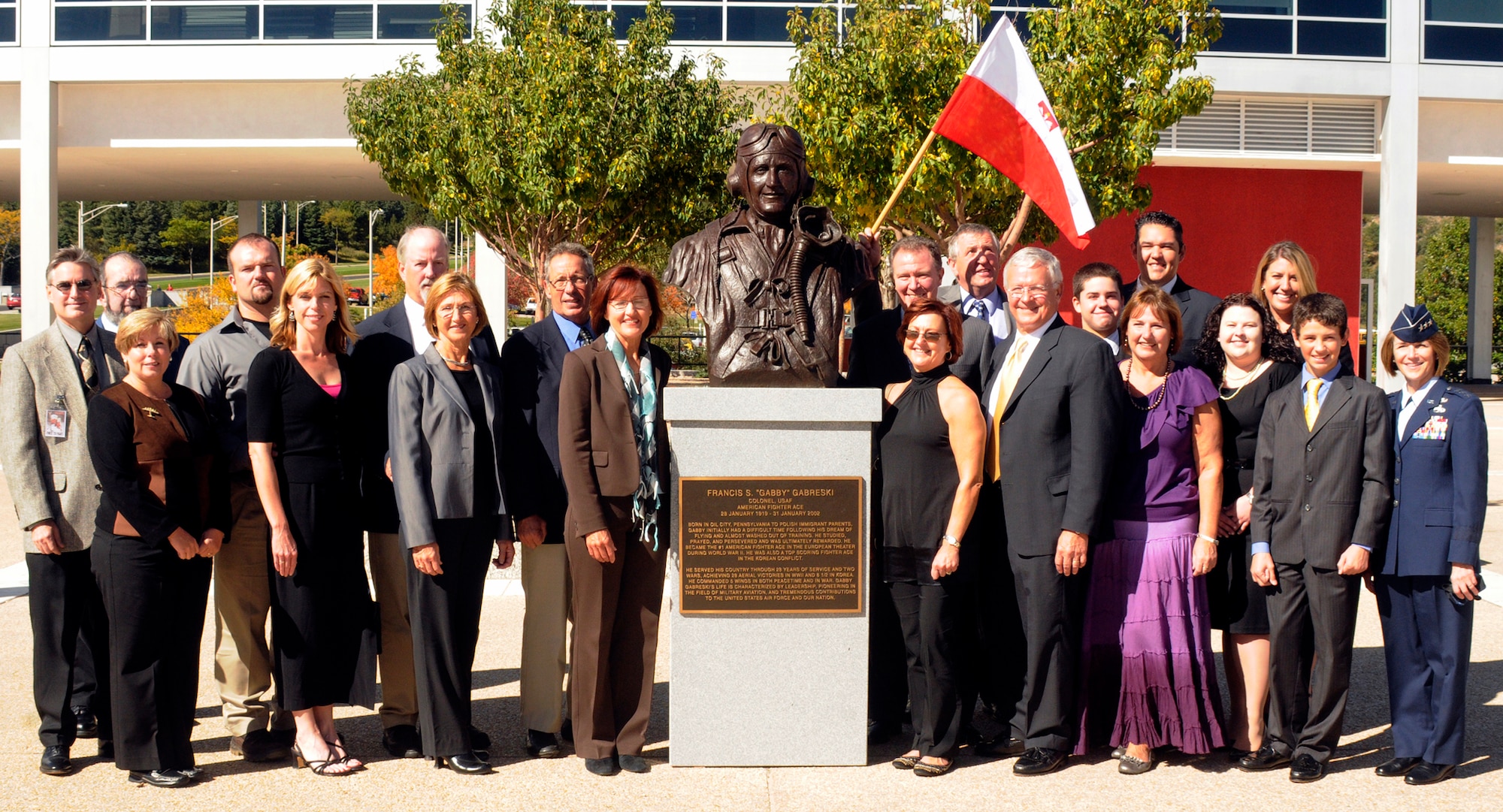 Relatives of Col. Francis "Gabby" Gabreski traveled to Colorado Springs, Colo., to attend the dedication ceremony for a bust in his honor at the U.S. Air Force Academy Sept. 29, 2009. Colonel Gabreski was a fighter ace in World War II and the Korean War. Among those attending were Polish Consul Tomasz Skotnicki, retired Col. Don Gabreski, the ace pilot's son, and Air Force Materiel Command vice commander Lt. Gen. Terry Gabreski, Colonel Gabreski's daughter-in-law. (U.S. Air Force photo/Bill Evans)