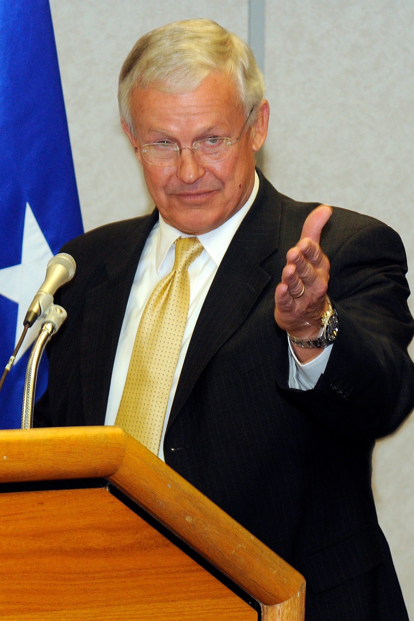 Retired Col. Don Gabreski speaks at the dedication ceremony for a bust of his father, Col. Francis "Gabby" Gabreski, at the U.S. Air Force Academy in Colorado Springs, Colo., Sept. 30, 2009. Gabby was a fighter ace in both World War II and the Korean War. (U.S. Air Force photo/Bill Evans)