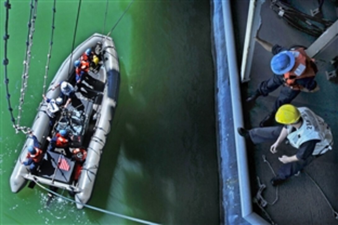 U.S. Navy Petty Officers 2nd Class Nicholas Popowski, left, and Jonathan Beesley direct the port boat crew during a training launch of a rigid-hull inflatable boat aboard the aircraft carrier USS Carl Vinson in Newport News, Va., Oct. 8, 2009. The training is preparing the ship's deck department for an upcoming deployment.