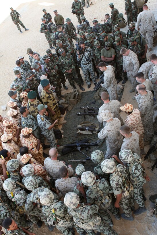 Marines with Lima Company, Battalion Landing Team, 3rd Battalion, 2nd Marine Regiment, 22nd Marine Expeditionary Unit, speak to Middle Eastern military leaders about U.S. weapons systems during Exercise Bright Star 2009 in Egypt, Oct. 13, 2009. The multinational exercise is designed to improve readiness, interoperability, and strengthen the military and professional relationships among U.S., Egyptian and participating forces. Bright Star is conducted by U.S. Central Command and held every two years. Elements of the 22nd MEU are currently are participating in the multi-national exercise while serving as the theater reserve force for U.S. Central Command.::r::::n::(Official Marine Corps Photo by Cpl. Justin M. Martinez)::r::::n::