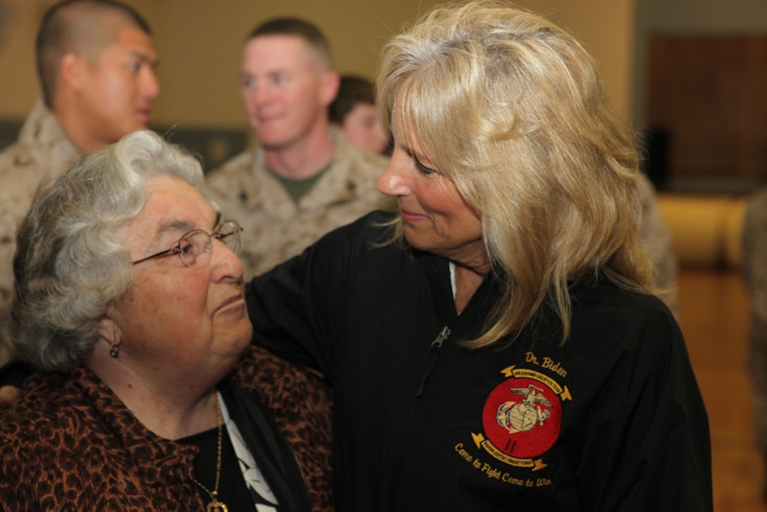 Recently Marines with 2nd Combat Engineer Battalion, 2nd Marine Division, gathered with their families in the Area 5 gym to say their goodbyes before leaving for a deployment. Little did they know, there was a special guest who dropped by to also pass on her best wishes to the Marines. Dr. Jill Biden, the wife of Vice President Joe Biden, came to visit Marine Corps Base Camp Lejeune, Marine Corps Air Station New River and Coastal Carolina Community College. While on her trip, she paid a visit to the Marines and their families before the Marines departed.