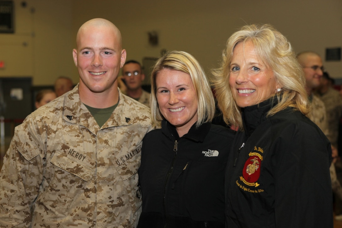 Recently Marines with 2nd Combat Engineer Battalion, 2nd Marine Division, gathered with their families in the Area 5 gym to say their goodbyes before leaving for a deployment. Little did they know, there was a special guest who dropped by to also pass on her best wishes to the Marines. Dr. Jill Biden, the wife of Vice President Joe Biden, came to visit Marine Corps Base Camp Lejeune, Marine Corps Air Station New River and Coastal Carolina Community College. While on her trip, she paid a visit to the Marines and their families before the Marines departed.