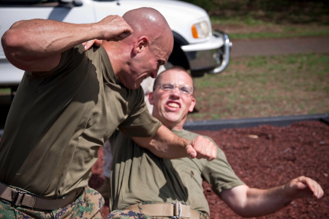 CAMP H.M. SMITH, Hawaii - Marines practice Marine Corps Martial Arts Program techniques at the recently constructed MCMAP training pit Oct. 14, at Bordelon Field. The roughly 1,800 sq. ft. recycled rubber pit promotes a safer and more effective period of instruction with its forgiving surface to lessen the danger of injury.