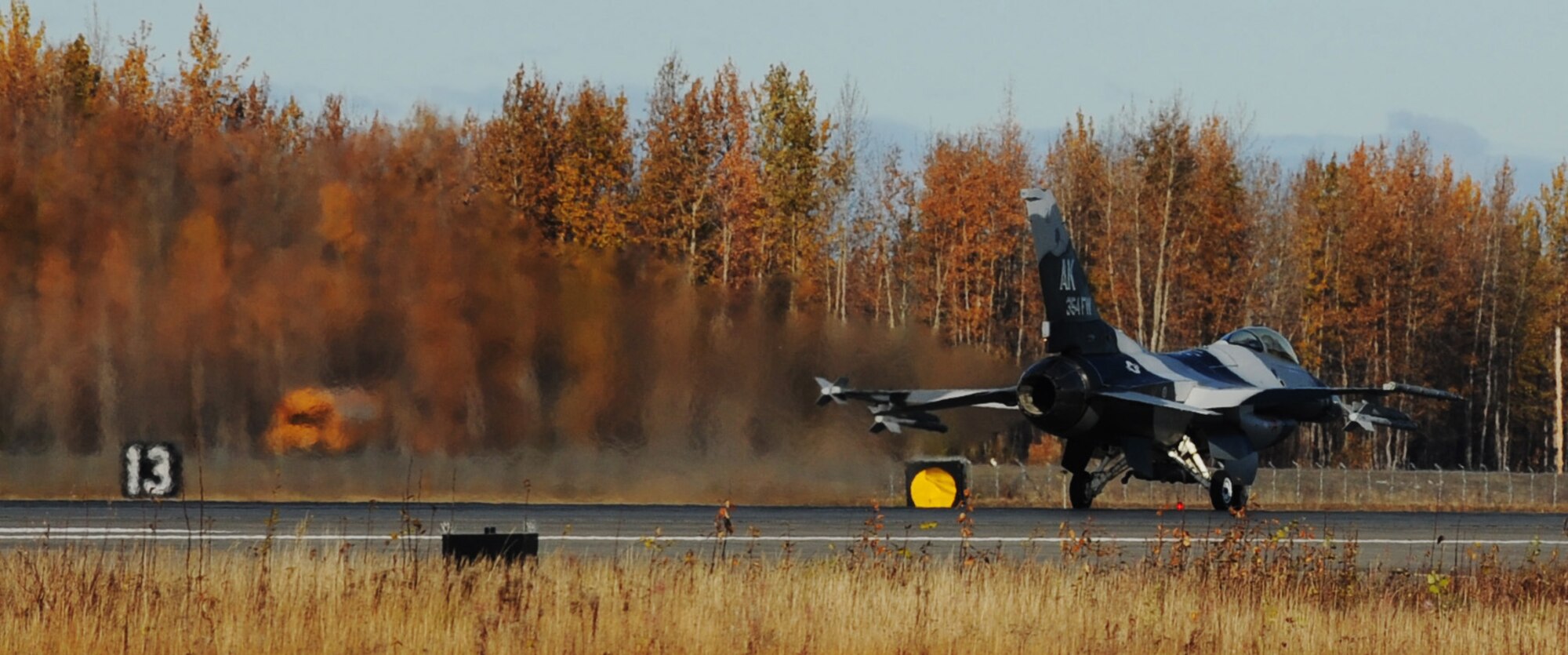 Pacific Air Forces Commander Gen. Gary North takes off in an 18th Aggressor Squadron F-16 F-16 Fighting Falcon while visiting Eielson Air Force Base, Alaska Oct. 2, 2009.  The General flew a local training sortie with the squadron as part of his overall base visit.  (U.S. Air Force photo/Airman 1st Class Laura Goodgame)