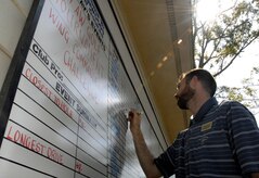 Aaron Sales records the final scores for the 437th Airlift Wing Golf Tournament at Wrenwoods Golf Course here Oct. 9. Twenty-three teams competed in the event, with four golfers per team. Mr. Sales is the general manager of Wrenwoods Golf Course. (U.S. Air Force photo/Staff Sgt. Daniel Bowles)