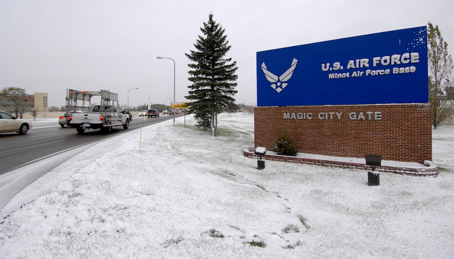 MINOT AIR FORCE BASE, N.D. -- Team Minot experienced its first snow fall of the season here, Oct. 14. Knowing what each road condition means during the winter months is vital to mission success. (U.S. Air Force photo by Senior Airman Matthew Smith)
