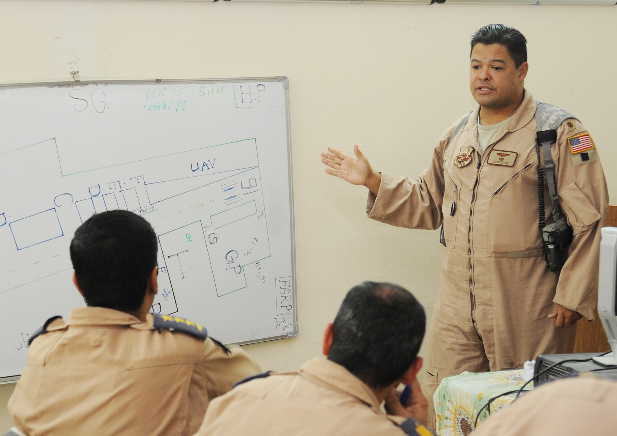 Maj. Jack Swinehart (right) observes an Iraqi pilot performing preflight procedures prior to a helicopter training mission Oct. 8, 2009, at Camp Taji, Iraq. The major sits side-by-side with Iraqi pilots as they practice approaches, takeoffs, landings and aerial maneuver formation flying procedures. U.S. Air Force instructor pilots assigned to the 721st AEAS train, advise and assist Iraqi helicopter pilots around the clock, helping the Iraqis develop their own air force. Major Swinehart is a 721st Air Expeditionary Advisory Squadron UH-1H pilot deployed from Fort Rucker, Ala. (U.S. Air Force photo/Tech. Sgt. Johnny L. Saldivar) 