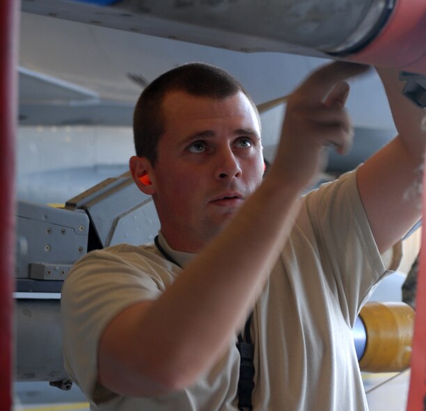 Senior Airman Nicholas Canterbury, 310 Aircraft Maintenance Unit weapons load crew member, checks an AIM 120 missile during a Quarterly Weapons Load Crew Competition at Luke Air Force Base, October 9, 2009. (U.S. Air Force photo by Airman 1st Class Sandra Welch)