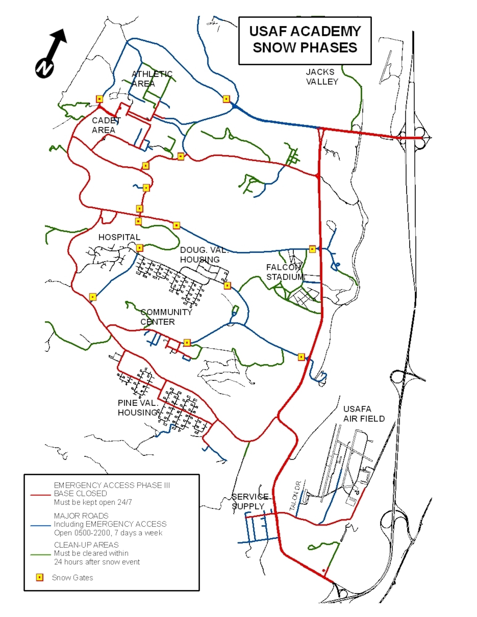 A map of snow routes at the Air Force Academy. Emergency access routes, marked in red, receive top priority for snow-clearing operations, followed by major roads (in blue) and less-trafficked areas (in green). (U.S. Air Force illustration)