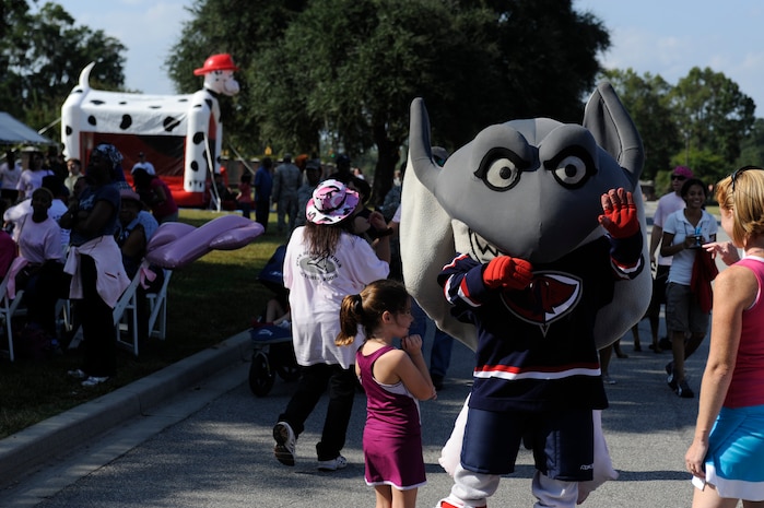 Cool Ray, the mascot of the Charleston Stingrays, came out to show his support of the Pink Heals Tour which took place here Oct. 9. The event included a Health Fair and 5K run in addition to the Pink Heals Tour exhibition. (U.S. Air Force photo/Senior Airman Amber Grimm)