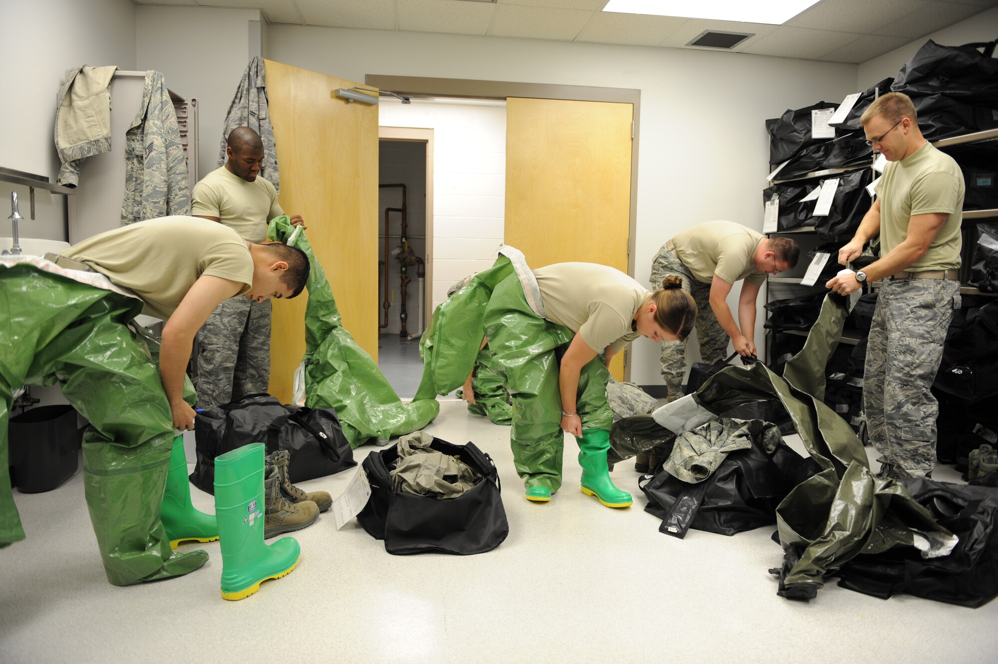 WHITEMAN AIR FORCE BASE, Mo. – Airmen of the 509th Medical Group, put their disposable toxicological agent system suits during training, Oct. 13 The DTAPS is a family of fully integrated, tested and modular personal protection equipment designed for the civilian and military first responder. DTAPS provides protection against chemical warfare agents, toxic industrial materials and biological agents. (U.S. Air Force photo/Senior Airman Cory Todd)