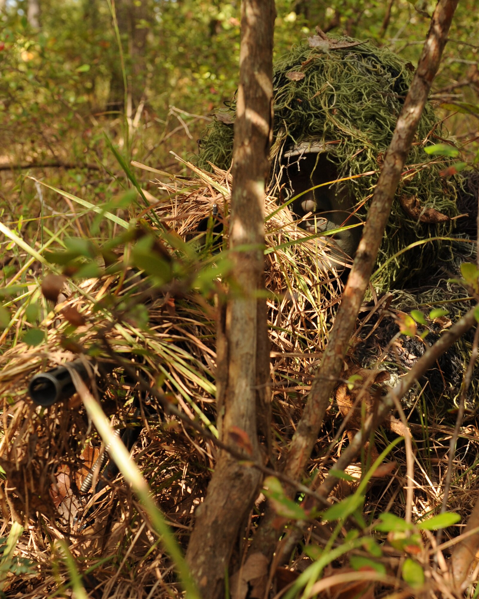 Senior Airman Dane Coppini, 19th Security Forces Squadron sharp shooter, stalks through thick vegetation in a ghillie suit Oct. 8 to avoid detection during training at Camp Robinson. Senior Airman Coppini recently received training in the Close Precision Engagement Course on Camp Robinson and is now training for the Inter-Service Sniper Sustainment Training Exercise held at Fort Chaffee, Ark. (U.S. Air Force photo by Staff Sgt. Chad Chisholm)