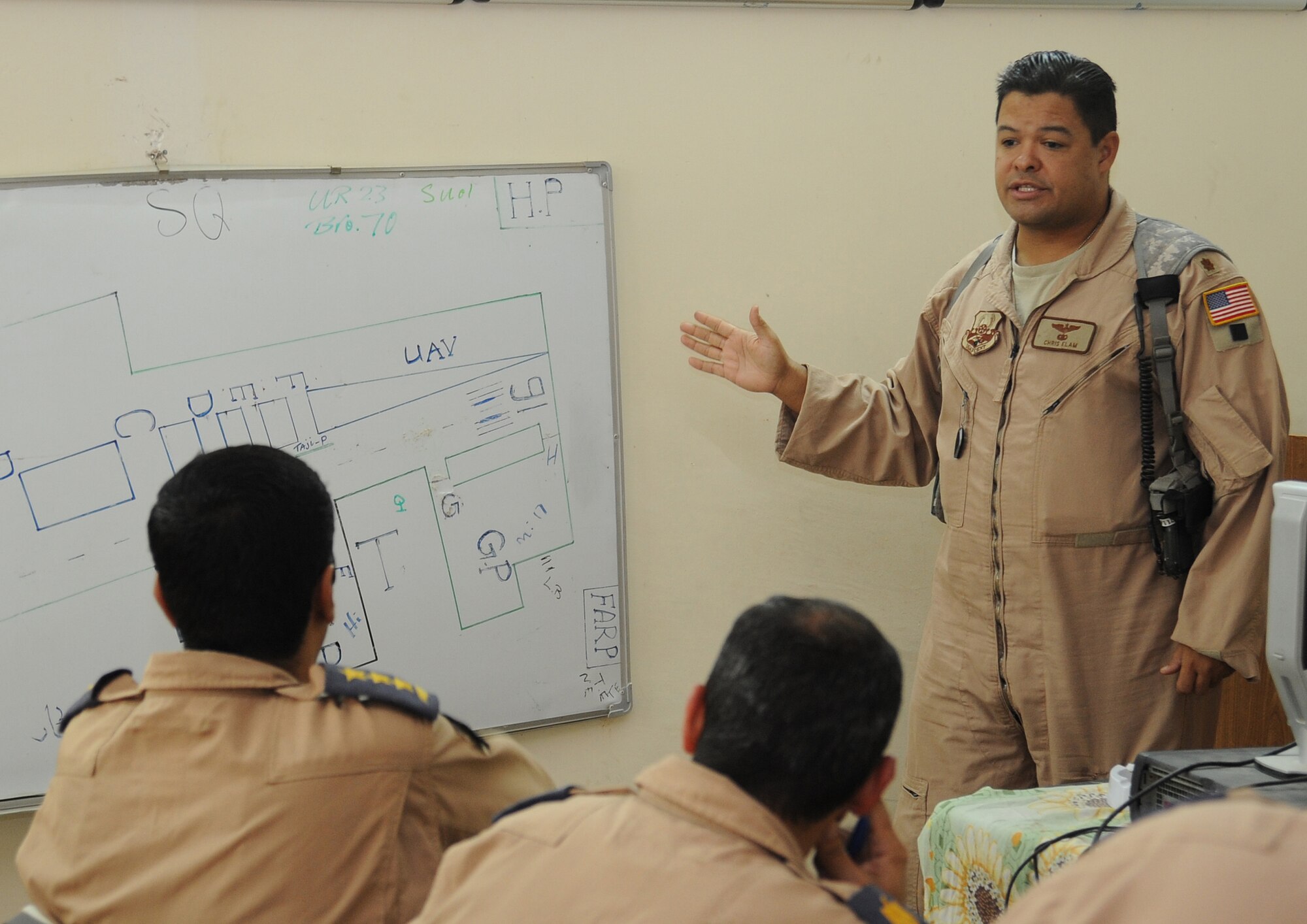 CAMP TAJI, Iraq -- Air Force Maj. Christopher Elam, 721st Air Expeditionary Advisory Squadron Mi-17 pilot, provides Iraqi air force pilots a preflight brief here prior to a helicopter mission using night vision goggles Oct. 7, 2009. The major teaches them how to operate, preflight and maintain NVGs. U.S. Air Force instructor pilots assigned to the 721st AEAS train, advise and assist Iraqi helicopter pilots around the clock, helping them develop their own air force. Major Elam is deployed from Kirtland Air Force Base, N.M., and hails from Evanston, Ill.  (U.S. Air Force photo/Tech. Sgt. Johnny L. Saldivar)