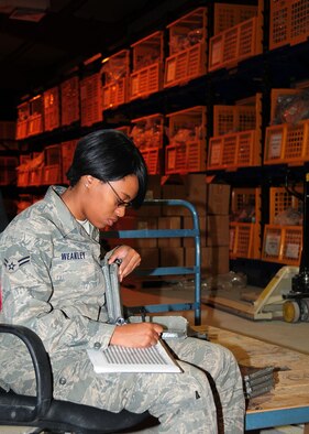 SOUTHWEST ASIA -- Airman 1st Class Katrina Weakley, 386th Expeditionary Logistics Readiness Squadron materiel management technician, inventories APM2 ballistic side plates at an undisclosed location in Southwest Asia Oct. 14, 2009.  Airman Weakley is deployed from the 23rd Logistics Readiness Squadron, Moody Air Force Base, Ga., and hails from Virginia Beach, Va.  (U.S. Air Force photo/Tech. Sgt. Tony Tolley)