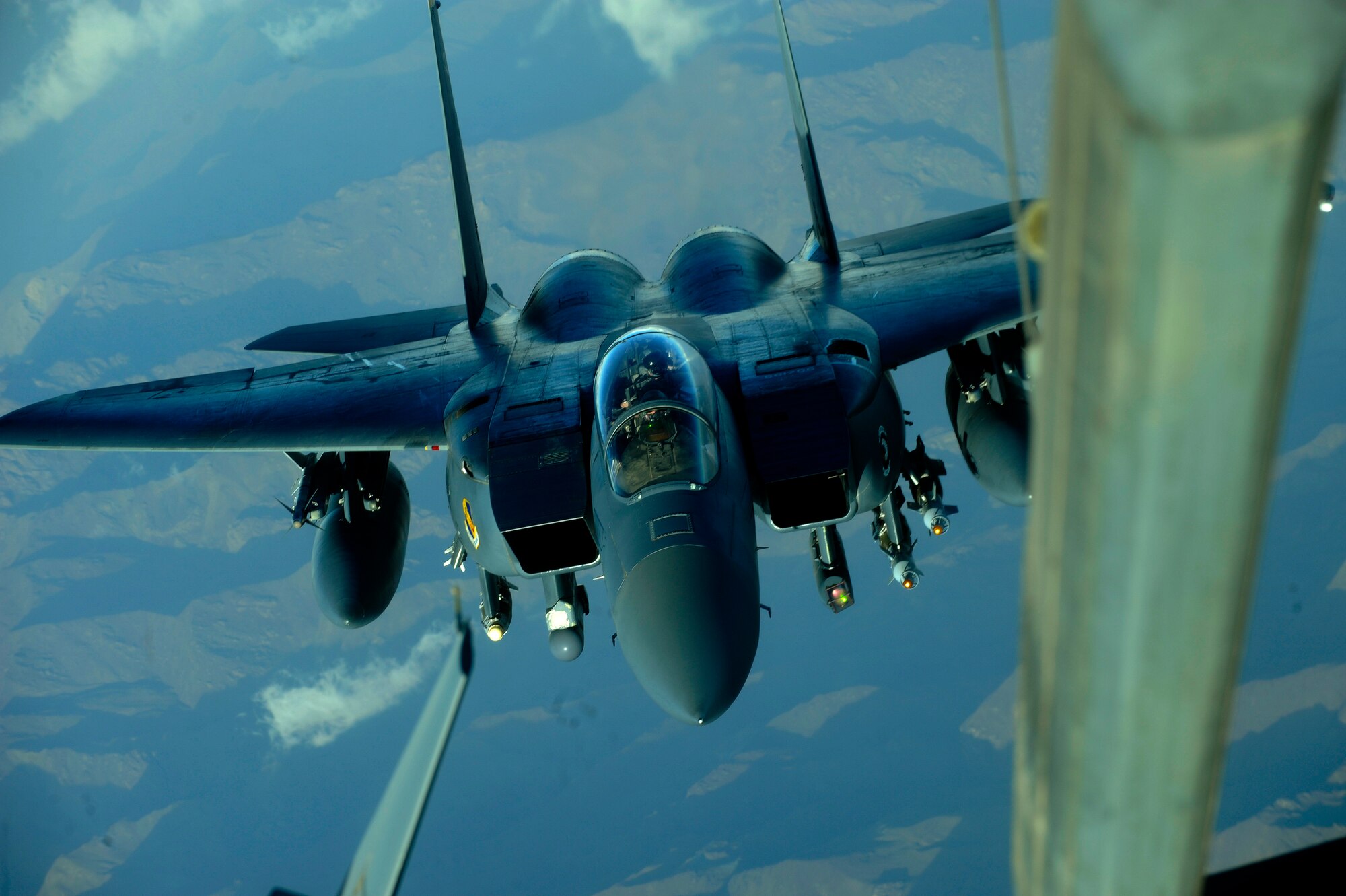 AFGHANISTAN - A U.S. Air Force F-15 Strike Eagle approaches a 908th Air Refueling Squadron KC-10A Extender to be refueled over Afghanistan, Oct. 2, 2009.  (U.S. Air Force photo/Staff Sgt. Michael B. Keller)