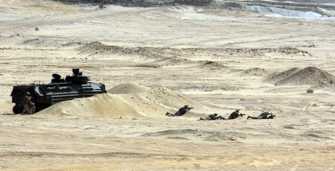 Marines from India Company, Battalion Landing Team, 3rd Battalion, 2nd Marine Regiment, 22nd Marine Expeditionary Unit, engage targets during a Combined-Arms Live-Fire Exercise conducted as part of Exercise Bright Star 2009 in Egypt, Oct. 14, 2009. The multinational exercise is designed to improve readiness, interoperability, and strengthen the military and professional relationships among U.S., Egyptian and participating forces. Bright Star is conducted by U.S. Central Command and held every two years. Elements of the 22nd MEU are currently are participating in the multi-national exercise while serving as the theater reserve force for U.S. Central Command.::r::::n::(Official Marine Corps photo by Staff Sgt. Matt Epright)::r::::n::
