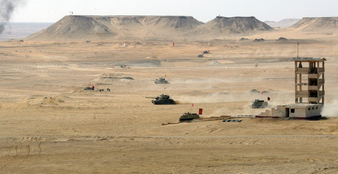 An Egyptian Mechanized Company assaults multiple targets during a Combined-Arms Live-Fire Exercise conducted as part of Exercise Bright Star 2009 in Egypt, Oct. 14, 2009. The multinational exercise is designed to improve readiness, interoperability, and strengthen the military and professional relationships among U.S., Egyptian and participating forces. Bright Star is conducted by U.S. Central Command and held every two years. Elements of the 22nd MEU are currently are participating in the multi-national exercise while serving as the theater reserve force for U.S. Central Command.::r::::n::(Official Marine Corps Photo by Cpl. Theodore W. Ritchie)::r::::n::