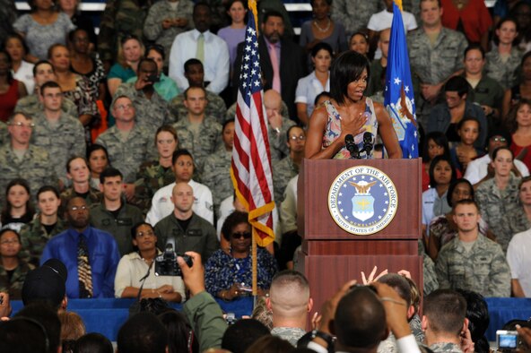 First Lady Michelle Obama speaks to the crowd at Eglin Air Force Base, Fla., Oct. 15 during a visit to the base. Ms. Obama spoke about family values and praised military members and their families during the speech. (U.S. Air Force photo/Staff Sgt. Desiree N. Palacios)