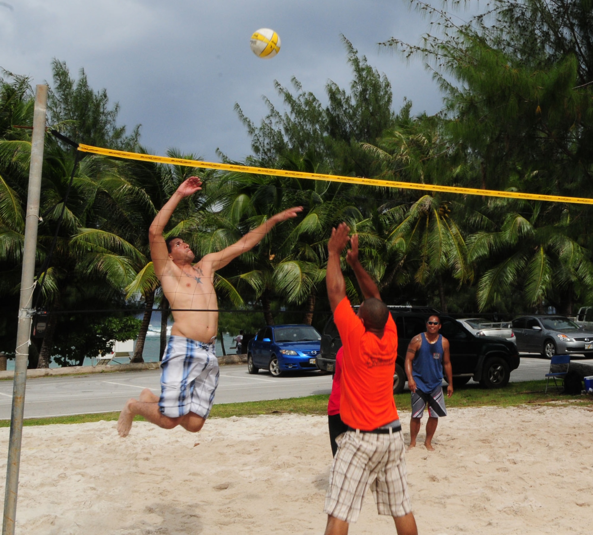 ANDERSEN AIR FORCE BASE, Guam - Airmen challenge each other in a game of volleyball Oct. 9 at Tarague Beach here.  The volleyball tournament was one of many activities Airmen could take part in during the Junior Enlisted Appreciation Day. (U.S. Air Force photo by Airman 1st Class Julian North)
