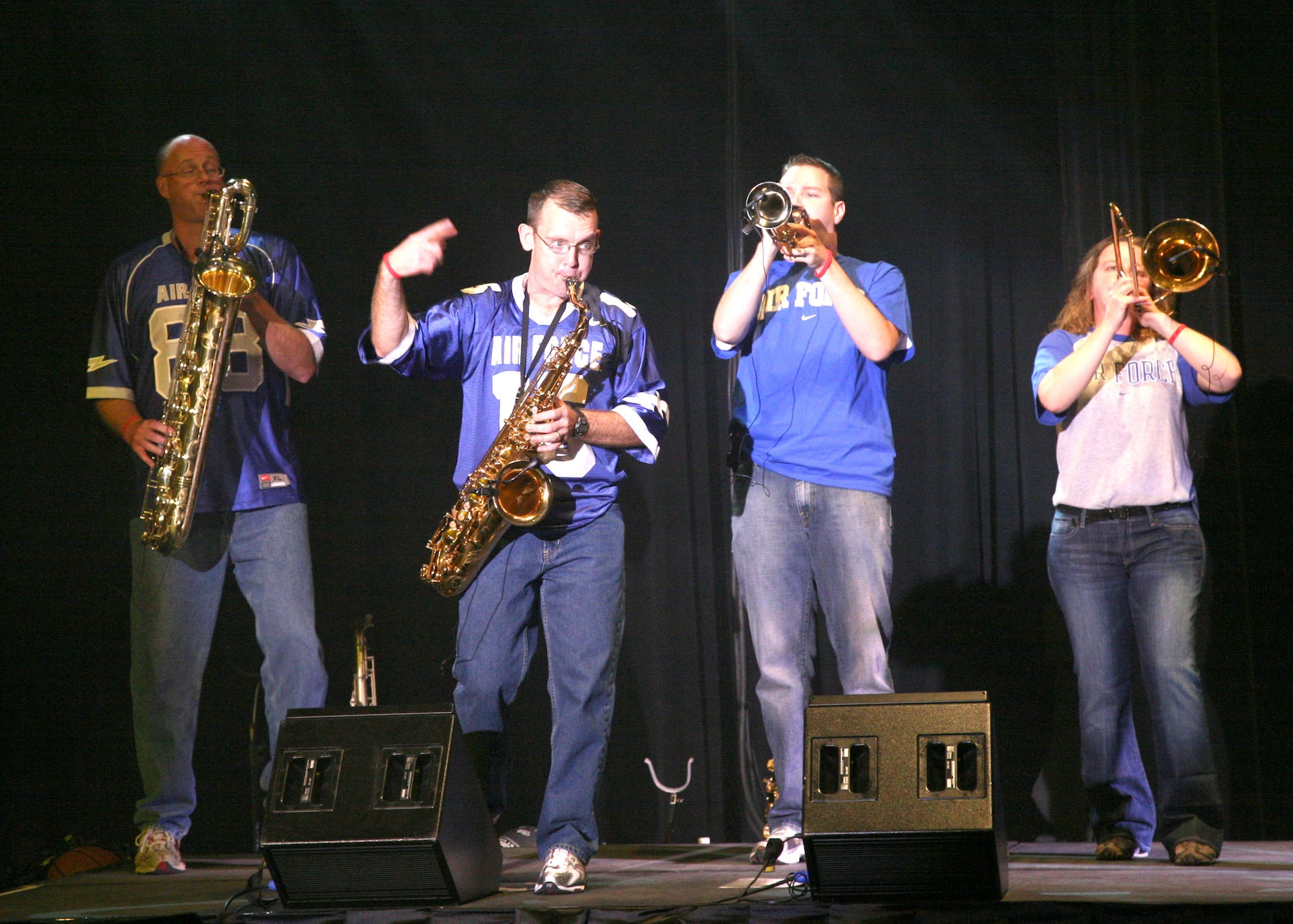 Warhawk, a popular music group from The Air Force Band of the West, performs for elementary and middle school students attending an anti-drug concert Oct. 14 at Trinity University in San Antonio. The concert was part of National Red Ribbon Week, an anti-drug campaign focused on educating youth about the dangers of drugs and encouraging them to make smart choices. Warhawk performed a variety of music, from Motown and classic rock to current pop music from artists like Miley Cyrus, the Black Eyed Peas and Taylor Swift. (U.S. Air Force photo/Robbin Cresswell)