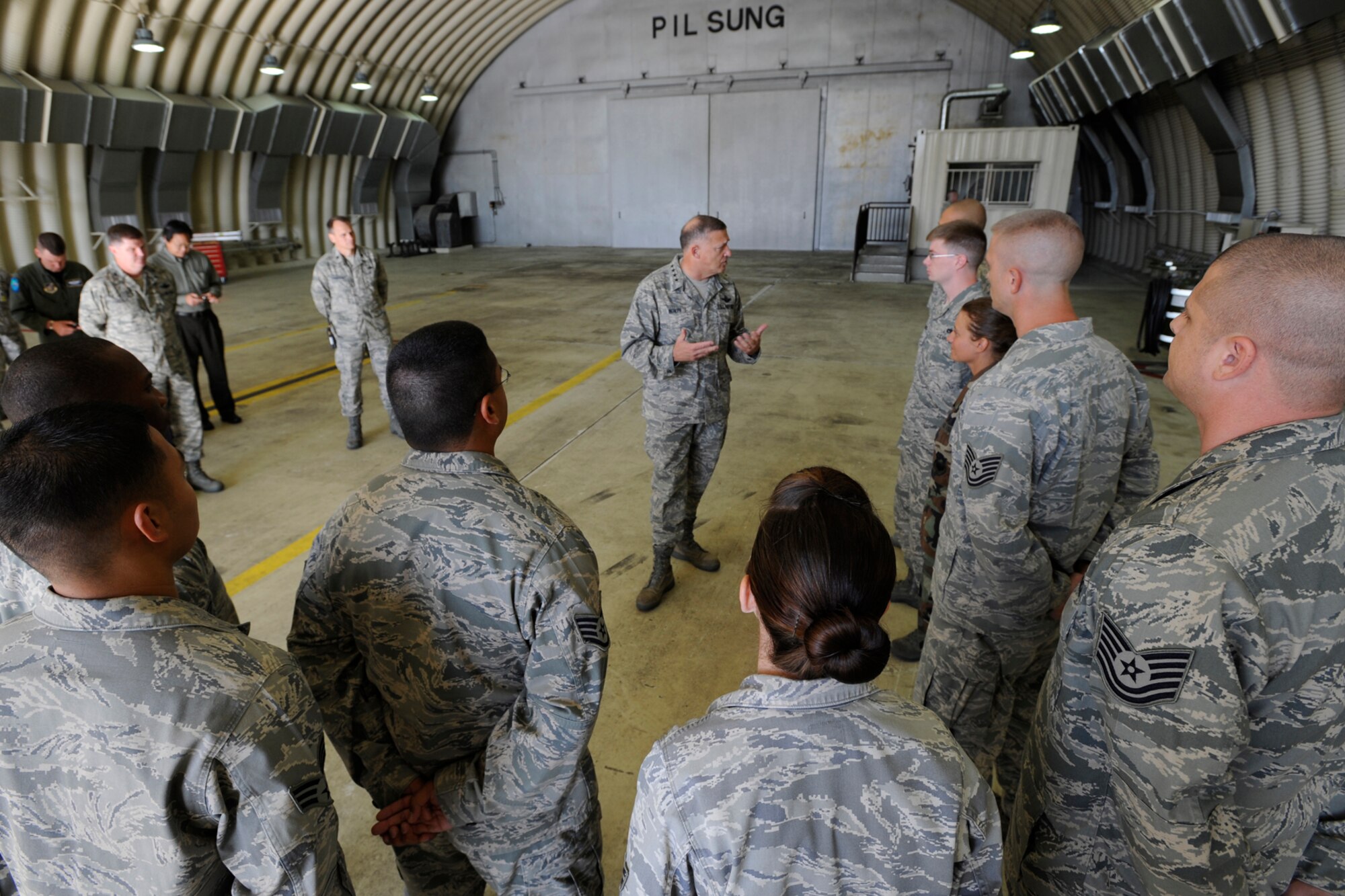 Pacific Air Forces Commander Gen. Gary North talks to Airmen of the 25th Fighter Squadron upon arriving at Osan Air Base Republic of Korea Oct. 7.  During their visit Gen. North and his wife Shelley visited with Airmen and their families to discuss the way ahead for Team Osan.  (U.S. Air Force photo/ Senior Airman Stephenie Wade)
