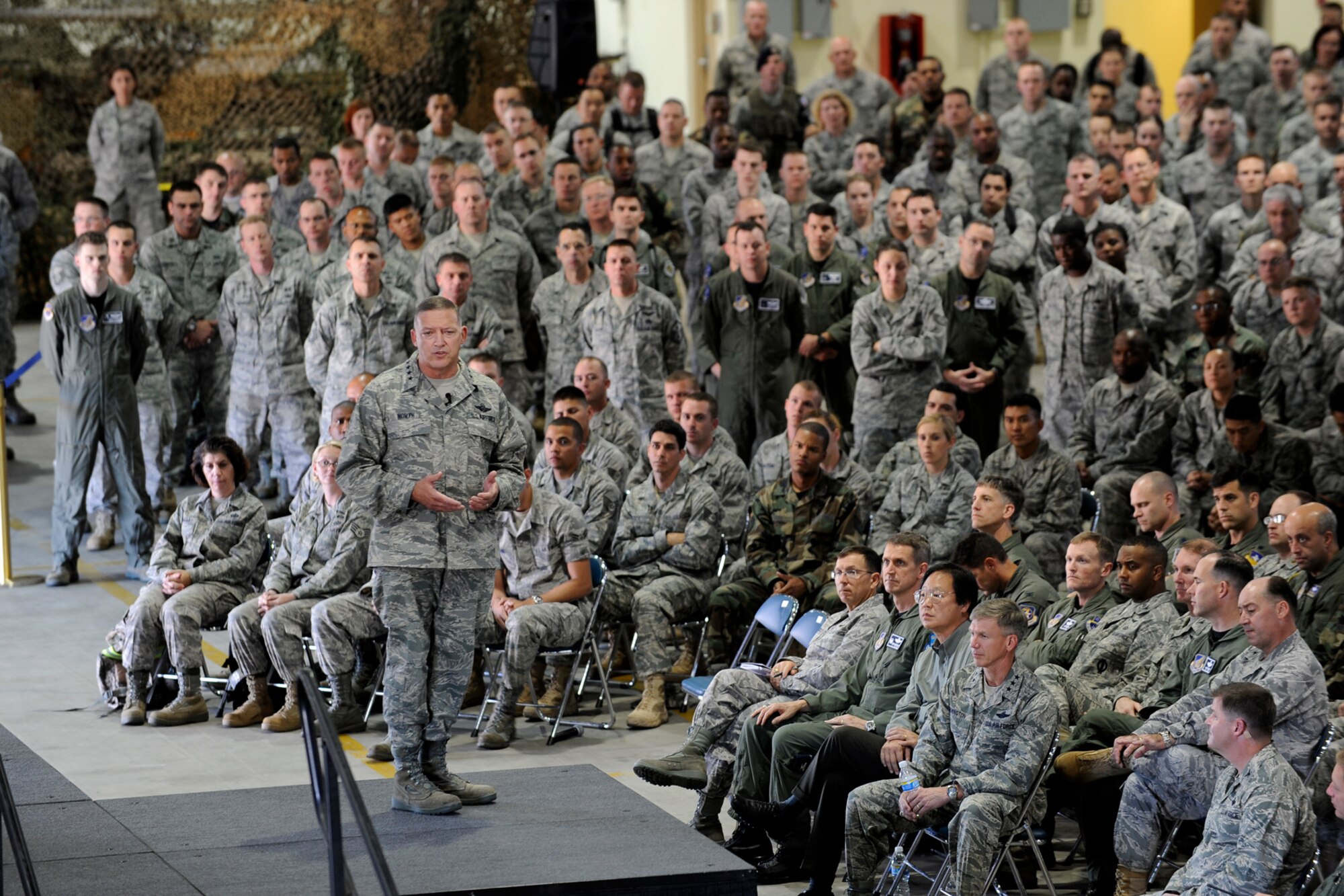 Pacific Air Forces Commander Gen. Gary North talks to Airmen at Airmen?s Call on Osan Air Base Republic of Korea Oct. 7.  During their visit Gen. North and his wife Shelley visited with Airmen and their families to discuss the way ahead for Team Osan.  (U.S. Air Force photo/ Staff Sgt. Brian Ferguson)
