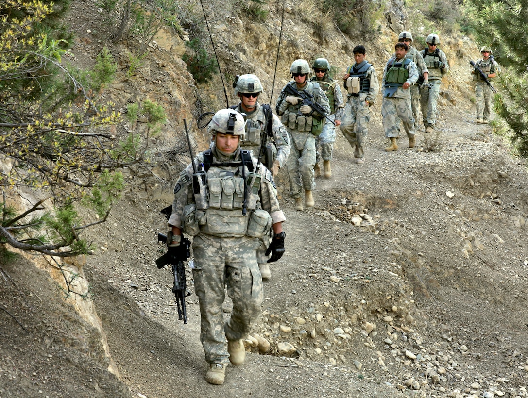 U.S. Army soldiers and Afghan Border Policemen walk along a mountain trail during a patrol near Combat Outpost Herrera, Paktiya province, Afghanistan, Oct. 13, 2009. The soldiers are assigned to Apache Troop, 1st Squadron, 40th Cavalry Regiment.