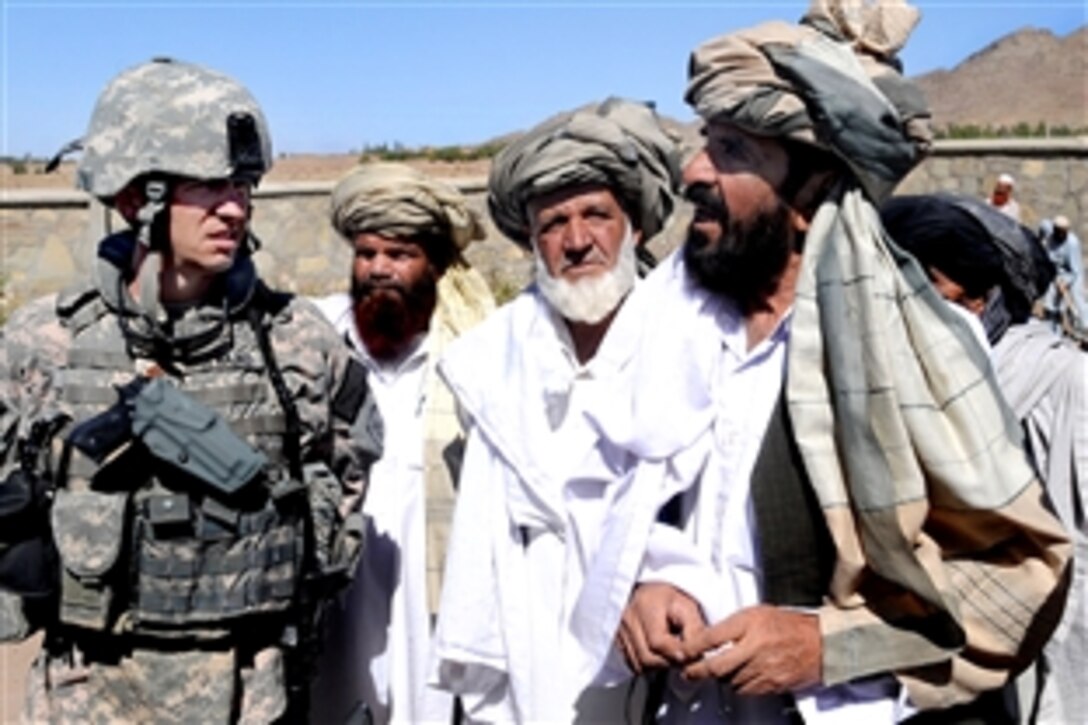U.S. Navy Lt. Cmdr. Derek Nalewajko, executive officer for the Paktika Provincial Reconstruction Team, talks with village elders about planned construction projects in the area of Sar Hawza, Afghanistan, Oct. 10, 2009.