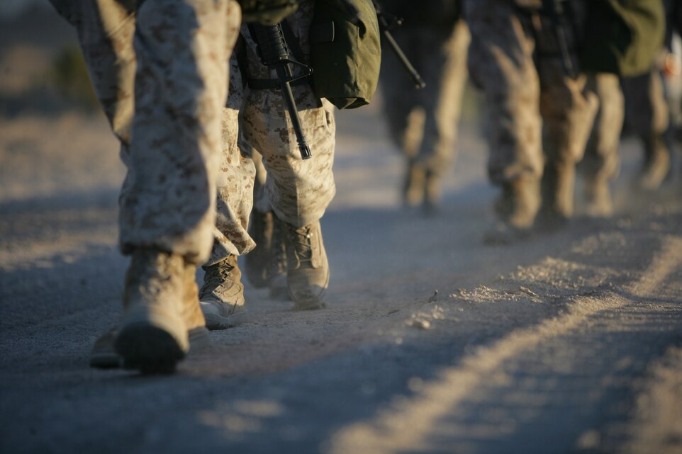Marines with the Combat Center’s Consolidated Material Support Center embark on an eight-mile training hike Oct. 16, aboard the Combat Center. CMSC is stepping outside their normal role as supply and undertaking the Darkside Derby in two squads, the warehouse and the office in December when the competition starts.