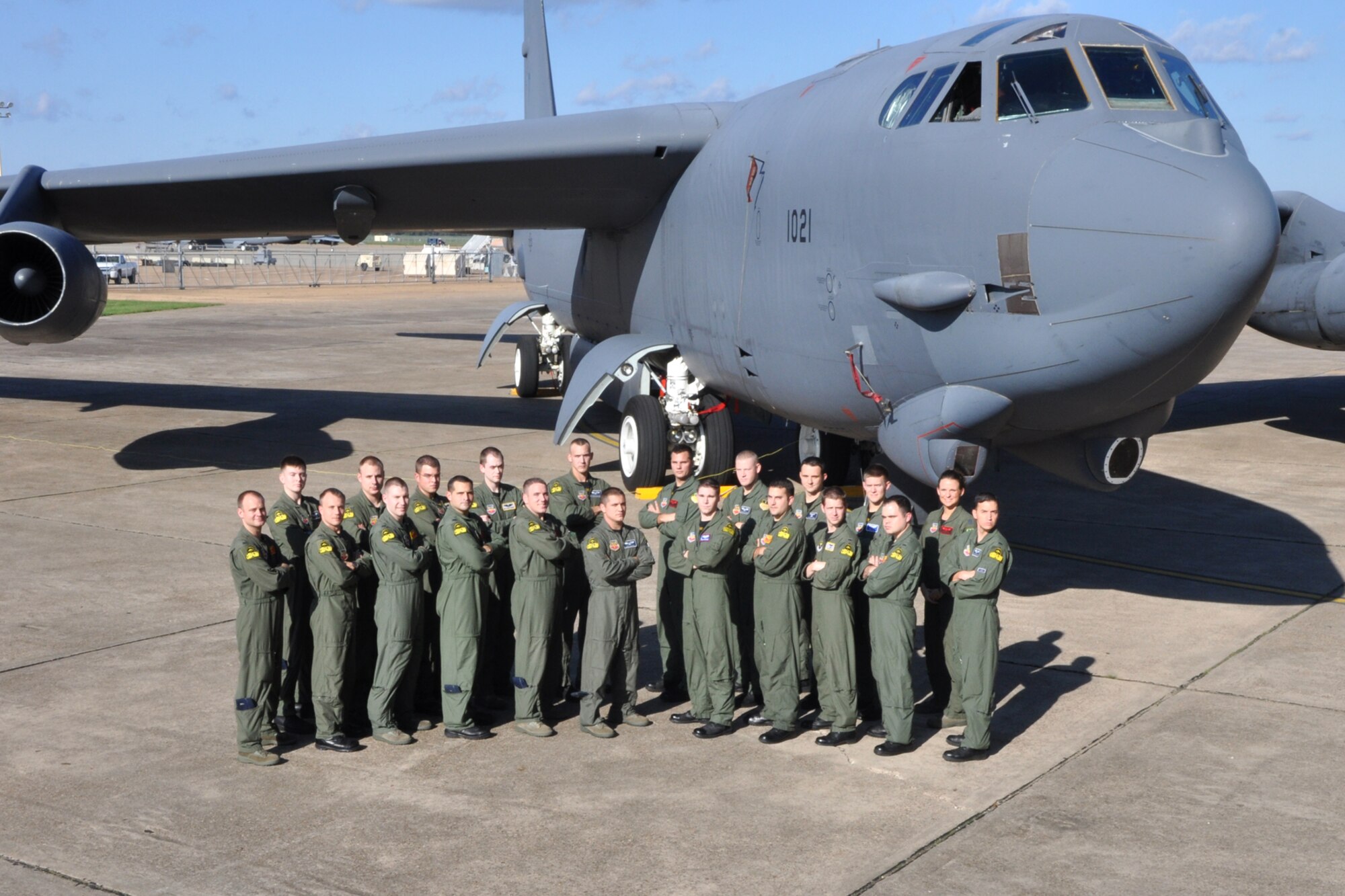 Graduates of Class 09-02, pose for a class photo after graduation ceremonies at Barksdale Air Force Base, La., October 16, 2009. Class 09-02 is the first class to graduate the course since the squadron transitioned from a combat-coded unit, to the B-52 formal training unit, or schoolhouse. Graduates covered several aspects of B-52H Stratofortress operations during the course, which lasted 32 weeks and 4 days. (U.S. Air Force photo/Tech. Sgt. Jeff Walston)