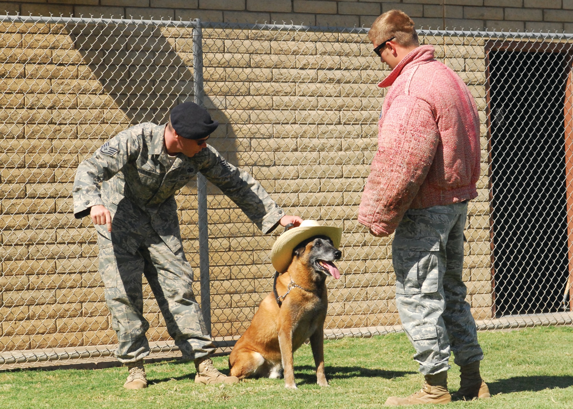 Staff Sgt. Justin Kitts, with the 56th Security Forces Squadron, and Kisma, a military working dog, demonstrate success of K-9 training at Luke Air Force Base to member of the VSPA (Vietnam Security Police Association) at the kennels during their 15th annual reunion and tour with the 56th SFS, Oct. 9. (U.S. Air Force photo by Senior Airman Tracie Forte)