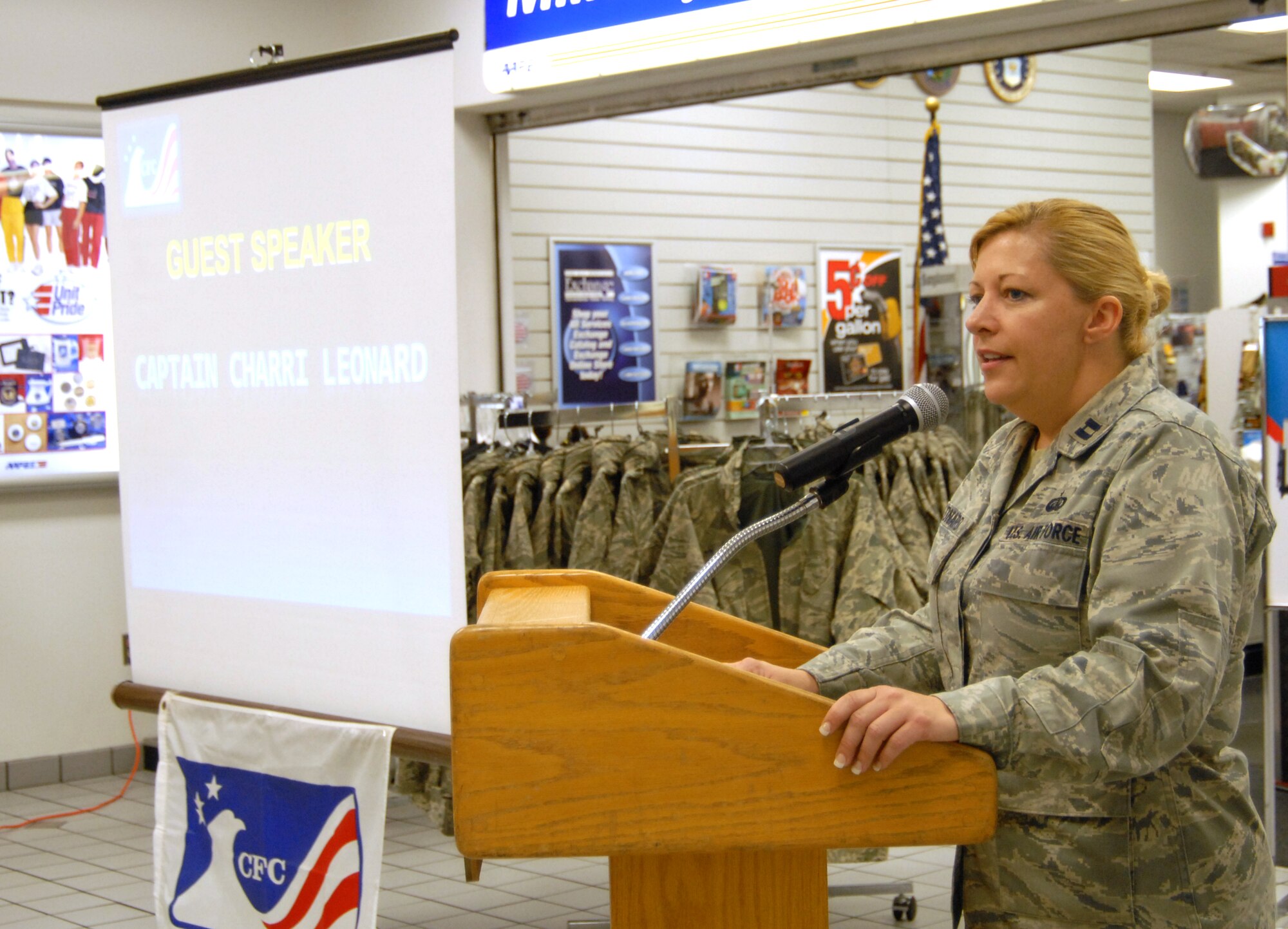 U. S. Air Force Capt. Charri Leonard, Sexual Assault Response Coordinator, 1st Special Operations Wing, gives a testimonal of how contributions from the Combined Federal Campaign changed her life during the 2009 Team Hurlburt Mid-Campaign Rally at Hurlburt Field, Fla., Oct. 15, 2009.  The rally discussed Team Hurlburt's progress of monetary and participation goals at the half-way point of the CFC.  (U. S. Air Force photo by Staff Sgt. Orly N. Tyrell/Released)