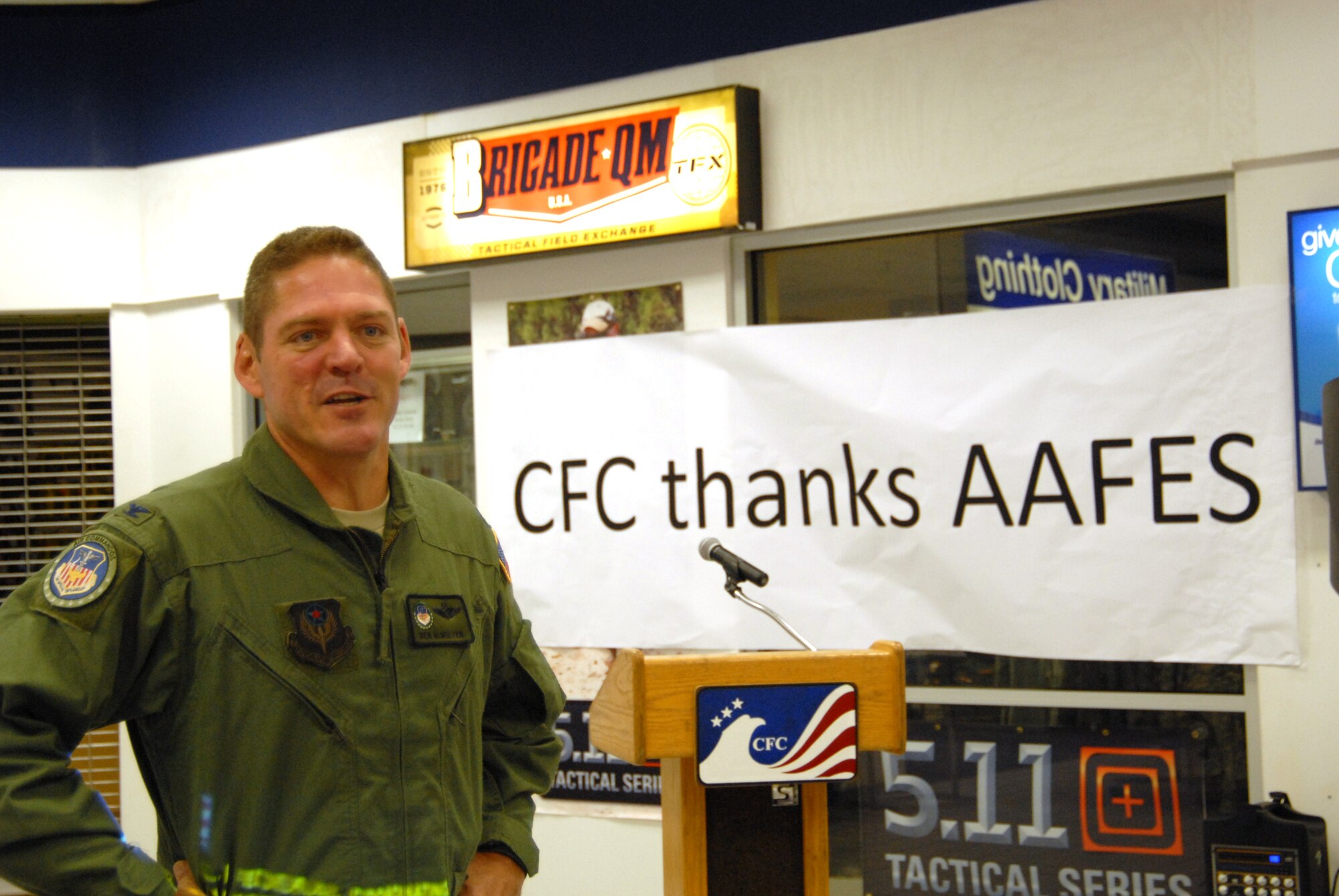 U. S. Air Force Col. Ben McMullen, acting vice commander, 1st Special Operations Wing, talks about the importance of community involvement during the 2009 Team Hurlburt Mid-Campaign Rally at Hurlburt Field, Fla., Oct. 15, 2009.  The rally discussed Team Hurlburt's progress of monetary and participation goals at the half-way point of the Combined Federal Campaign.  (U. S. Air Force photo by Staff Sgt. Orly N. Tyrell/Released)