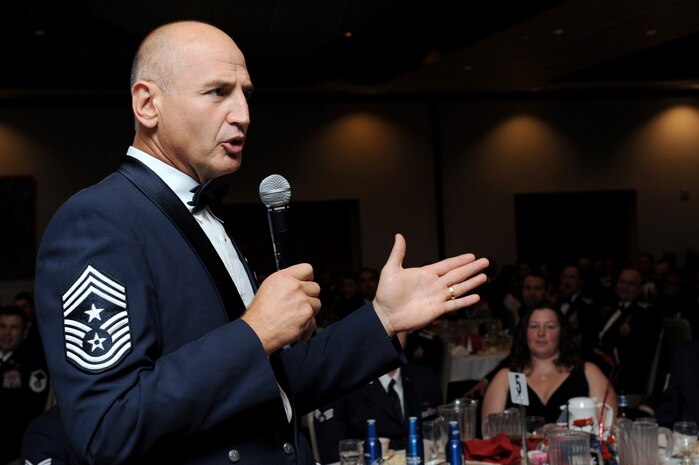 NELLIS AIR FORCE BASE, Nev. -- Chief Master Sgt. Stephen Sullens, the command chief of Air Combat Command, speaks at the Airman Leadership School graduation, Oct. 15. Chief Sullens visited Airmen at different work environments, met with the Chief's Group and hosted an enlisted call to address and listen to Airmen's concern here. (U.S. Air Force photo by Airman 1st Class Brett Clashman)
