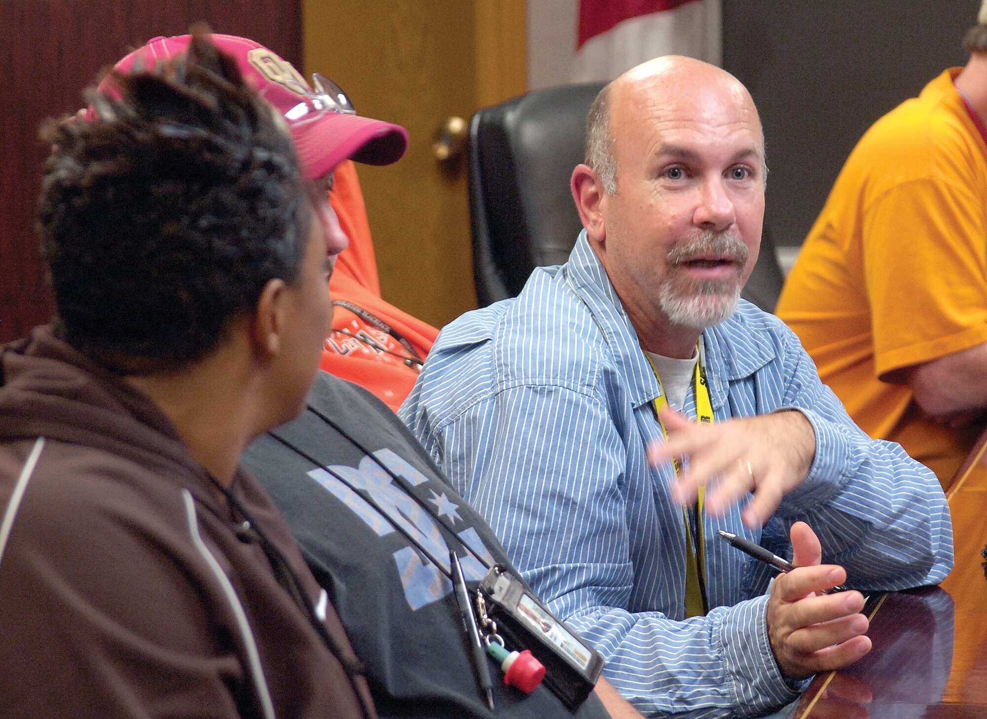 James Pierson, deputy section chief of the Equipment Cleaning Section, makes a point during a recent Voluntary Protection Program group steering committee meeting for the 76th Aircraft Maintenance Group.   Committees such as these are planning ways to keep the VPP awareness and safety message growing across base. (Air Force photo by Margo Wright) 