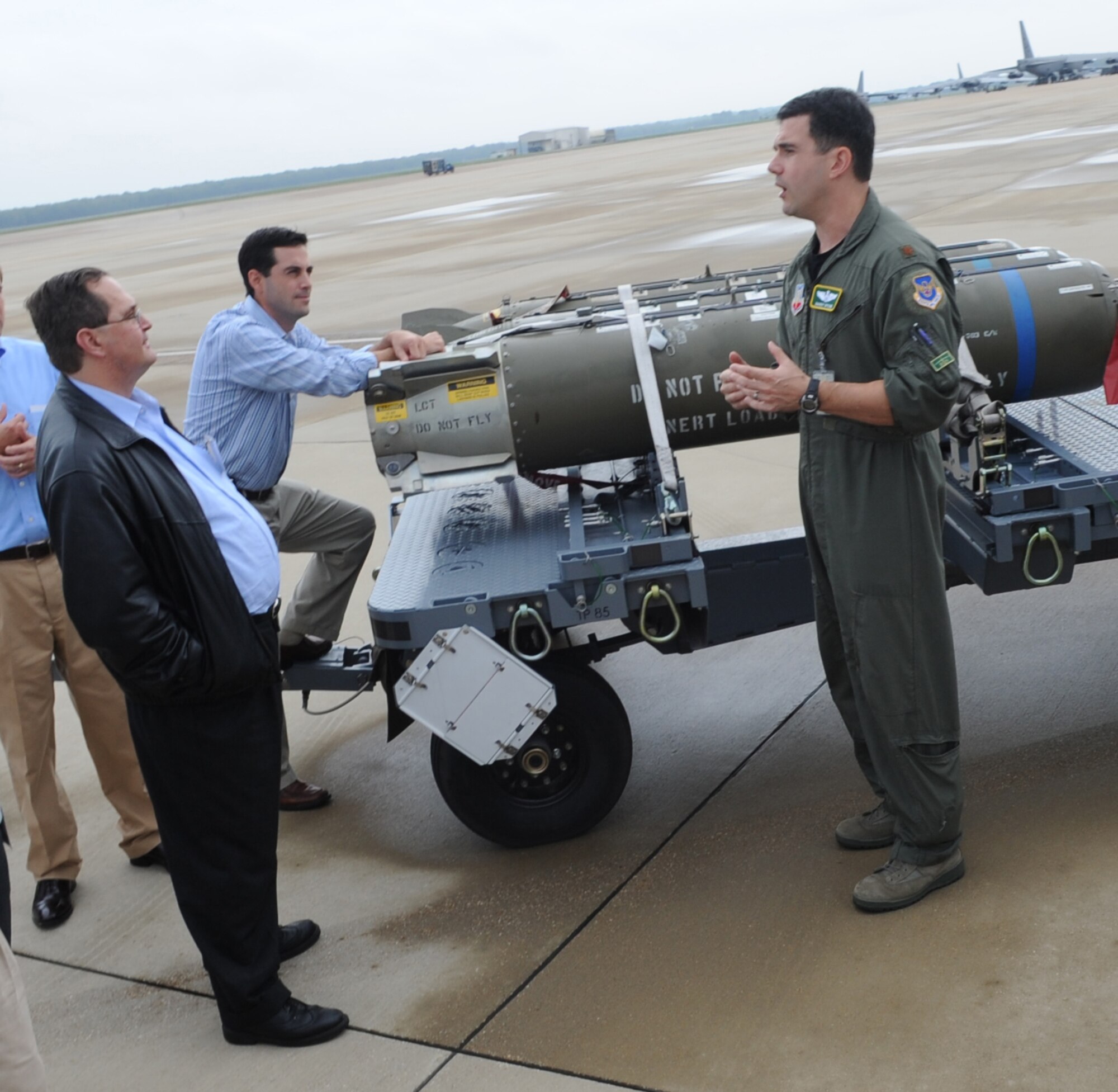 Maj. Harry Dyson, 2d Bomb Wing, Director of Staff, talks to Shreveport leaders during a tour of the base and flightline. Shreveport leaders received the 2d BW mission brief and static displays. (U.S. Air Force photo by Senior Airman Alexandra Longfellow) (RELEASED)