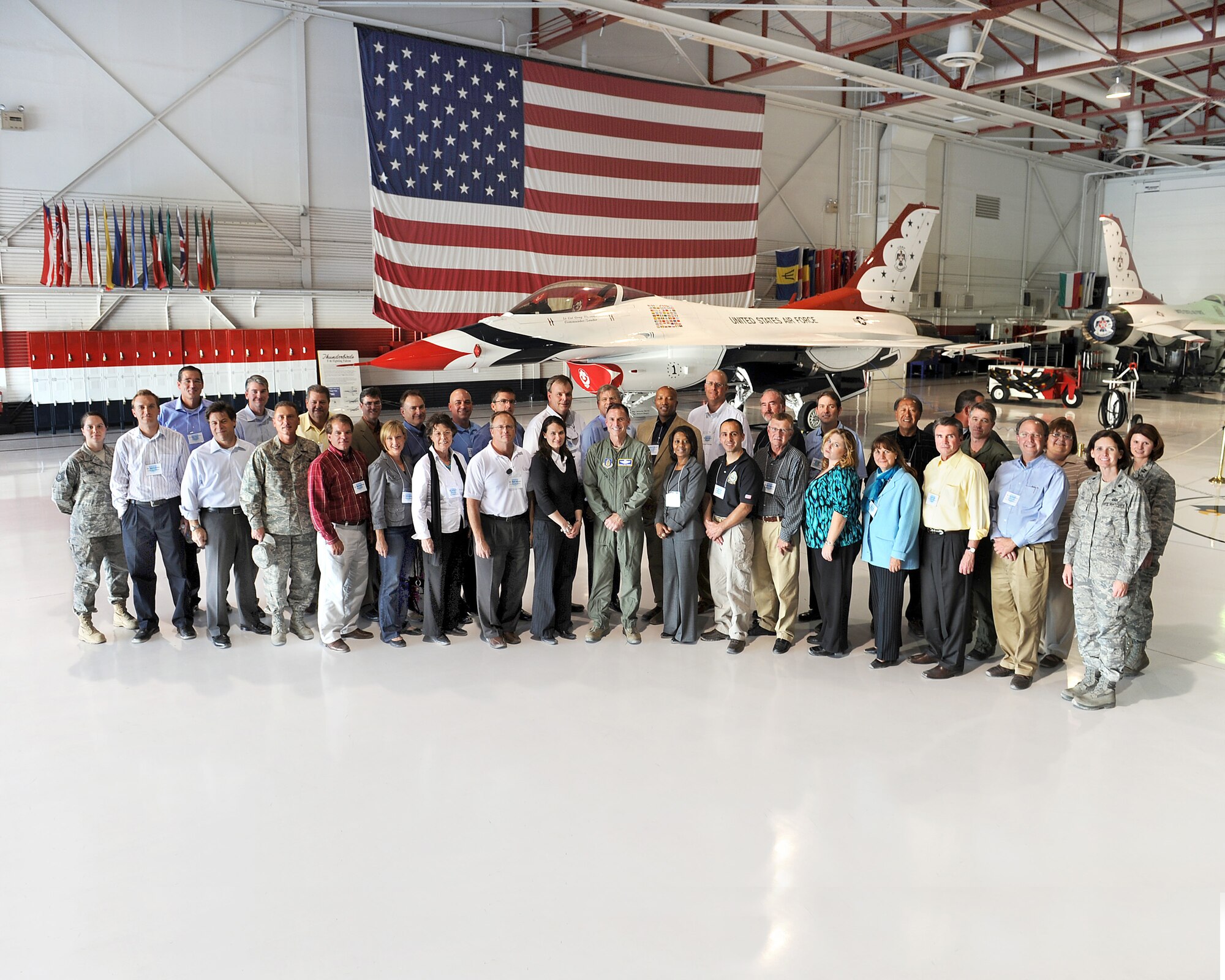 More than 30 civic leaders flew from Buckley Air Force Base, Colo. for a tour of Nellis AFB and Kreech AFB, Nev, Oct. 7. The two day tour included visits of the U.S. Air Force Warfare Center and the Thunderbirds hangar. (U.S. Air Force photo by Lawrence Crespo)