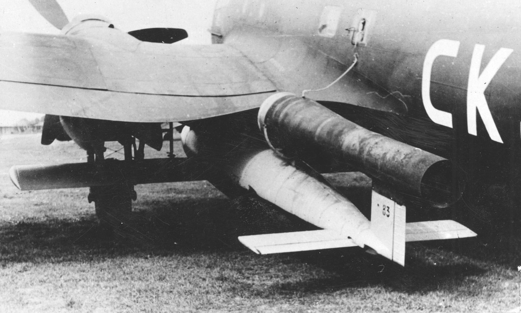 A V-1 mounted on an He 111 bomber for air-launching. This program was unsuccessful. (U.S. Air Force photo)`