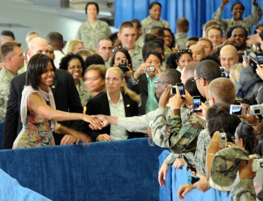 The First Lady of the United States, Michelle Obama, visited Eglin Oct. 15 and addressed a crowd of military, family and civic leaders in Hangar 103. She personally spoke earlier with Team Eglin service members and their spouses on their experiences serving the military. The First Lady's focus was on the Air Force's Year of the Military Family and on the contributions the military gives and receives from the local community. (Air Force Photo by Airman Anthony Jennings) 