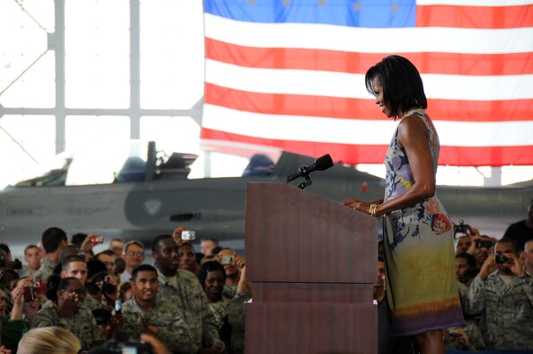 The First Lady of the United States, Michelle Obama, visited Eglin Oct. 15 and addressed a crowd of military, family and civic leaders in Hangar 103. She personally spoke earlier with Team Eglin service members and their spouses on their experiences serving the military. The First Lady's focus was on the Air Force's Year of the Military Family and on the contributions the military gives and receives from the local community. (Air Force Photo by Airman Anthony Jennings) 
