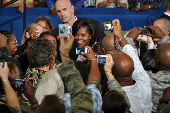 The First Lady of the United States, Michelle Obama, visited Eglin Oct. 15 and addressed a crowd of military, family and civic leaders in Hangar 103. She personally spoke earlier with Team Eglin service members and their spouses on their experiences serving the military. The First Lady's focus was on the Air Force's Year of the Military Family and on the contributions the military gives and receives from the local community. (Air Force Photo by Staff Sgt. Bryan Franks) 