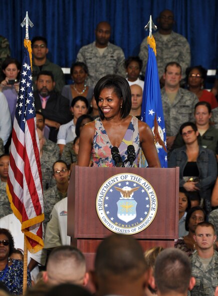 The First Lady of the United States, Michelle Obama, visited Eglin Oct. 15 and addressed a crowd of military, family and civic leaders in Hangar 103. She personally spoke earlier with Team Eglin service members and their spouses on their experiences serving the military. The First Lady's focus was on the Air Force's Year of the Military Family and on the contributions the military gives and receives from the local community. (Air Force Photo by Staff Sgt. Bryan Franks) 