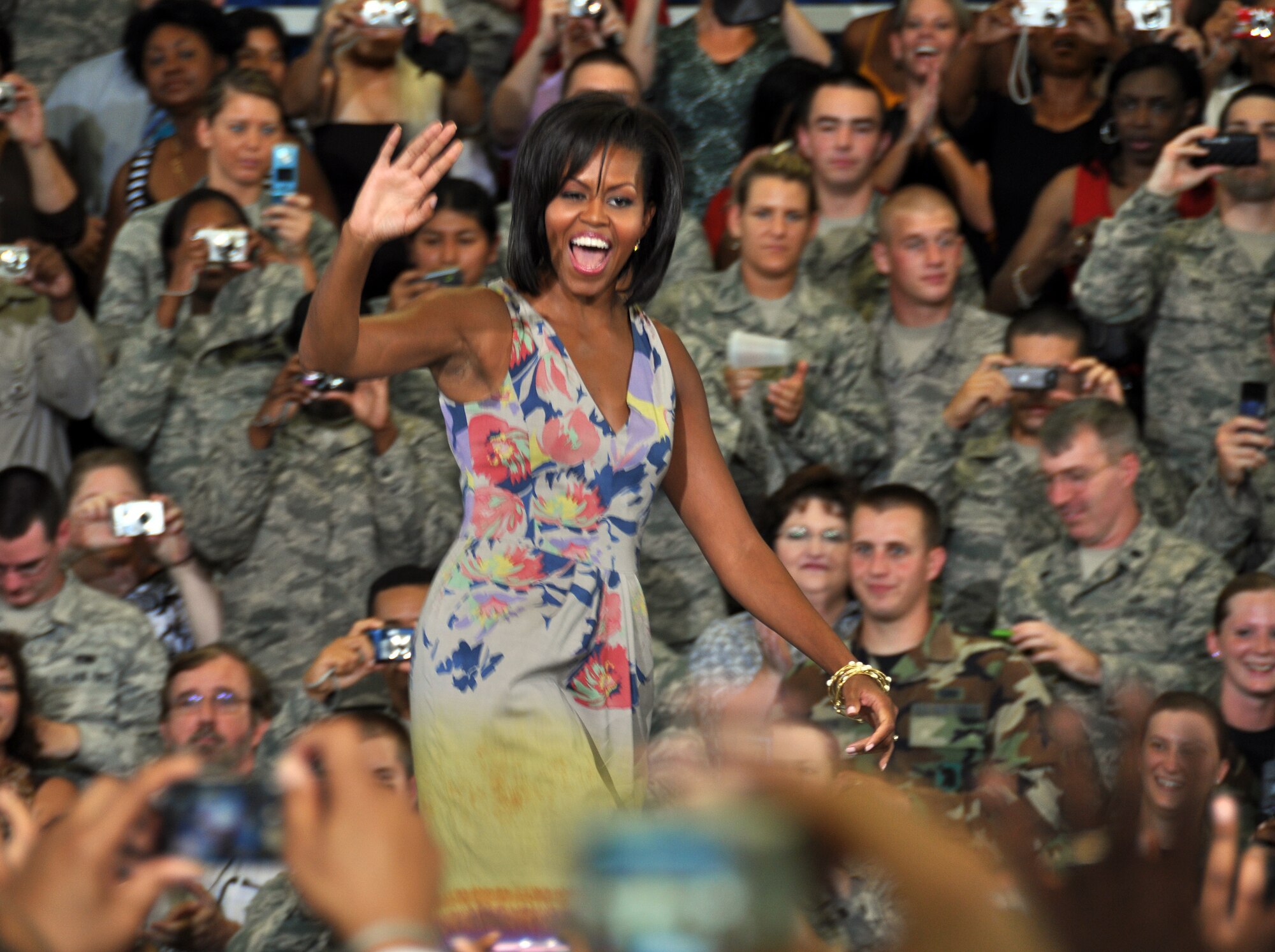The First Lady of the United States, Michelle Obama, visited Eglin Oct. 15 and addressed a crowd of military, family and civic leaders in Hangar 103. She personally spoke earlier with Team Eglin service members and their spouses on their experiences serving the military. The First Lady's focus was on the Air Force's Year of the Military Family and on the contributions the military gives and receives from the local community. (U.S. Air Force Photo/Staff Sgt. Bryan Franks)
