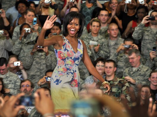 The First Lady of the United States, Michelle Obama, visited Eglin Oct. 15 and addressed a crowd of military, family and civic leaders in Hangar 103. She personally spoke earlier with Team Eglin service members and their spouses on their experiences serving the military. The First Lady's focus was on the Air Force's Year of the Military Family and on the contributions the military gives and receives from the local community. (Air Force Photo by Staff Sgt. Bryan Franks) 