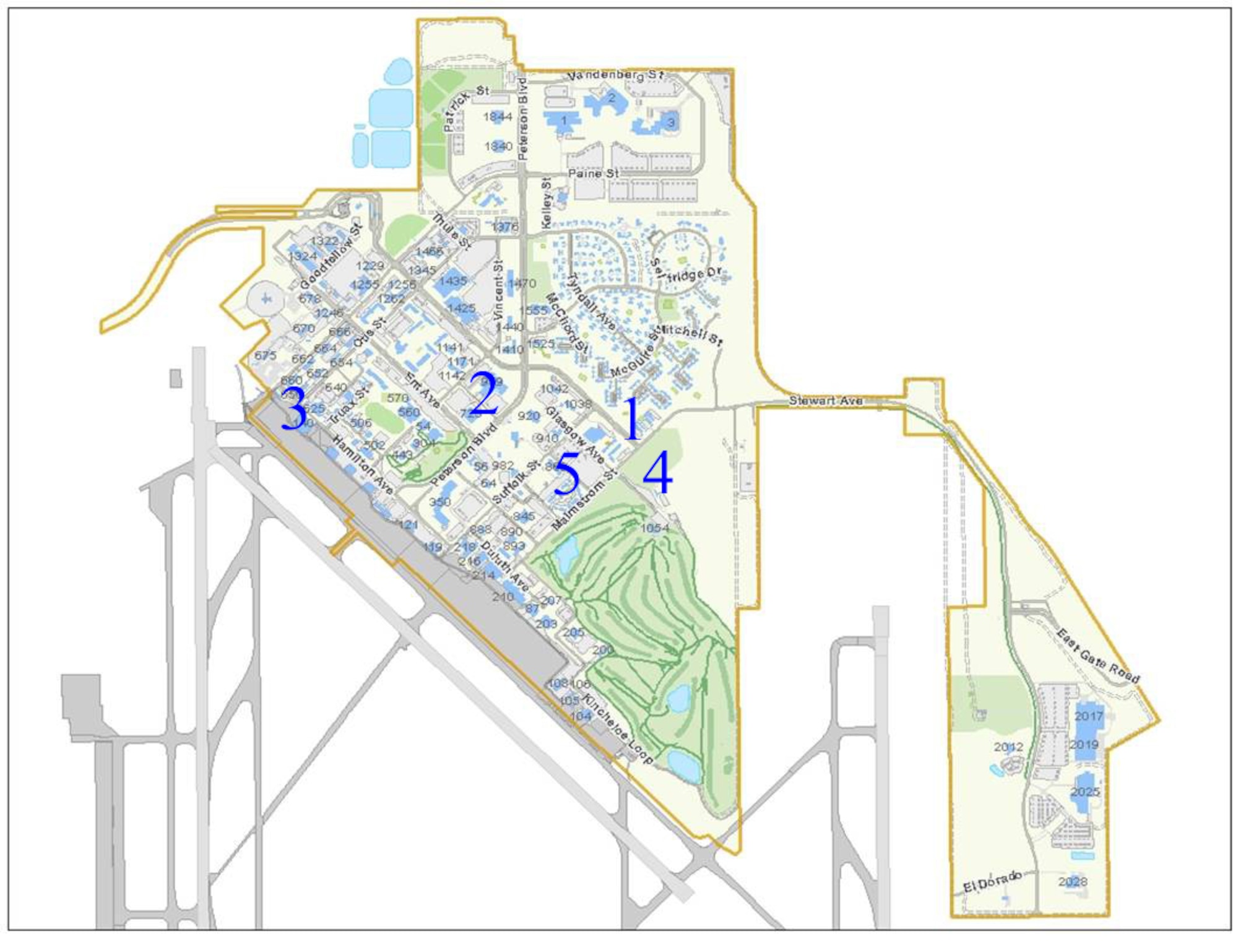 Peterson's latest construction projects include sidewalk construction, work on the roundabout landscaping, and various improvements to hangar 140. (Air Force graphic) 